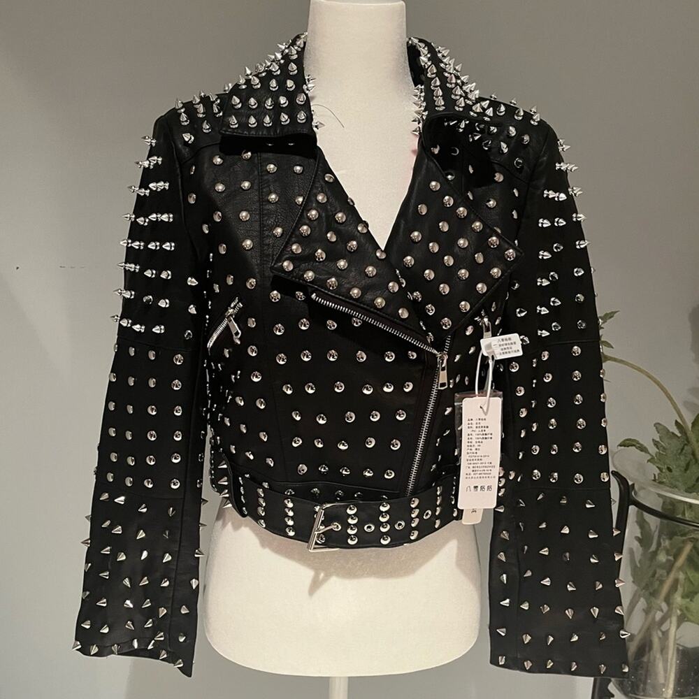 NEW Studded Spike Rivet Belted Custom Moto Cropped Biker Riding Jacket Black Un…